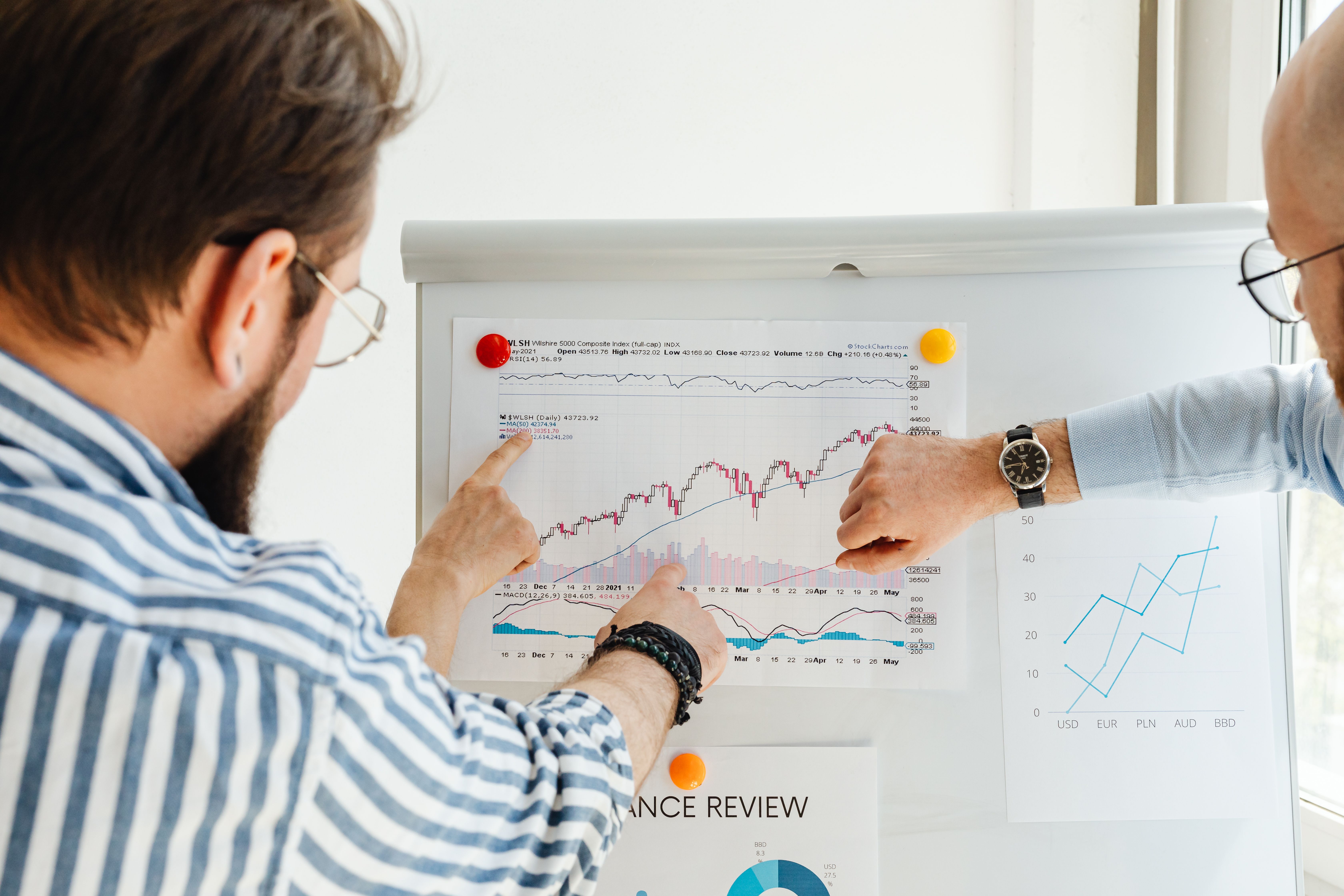 Colleagues discussing data trends and charts on a whiteboard