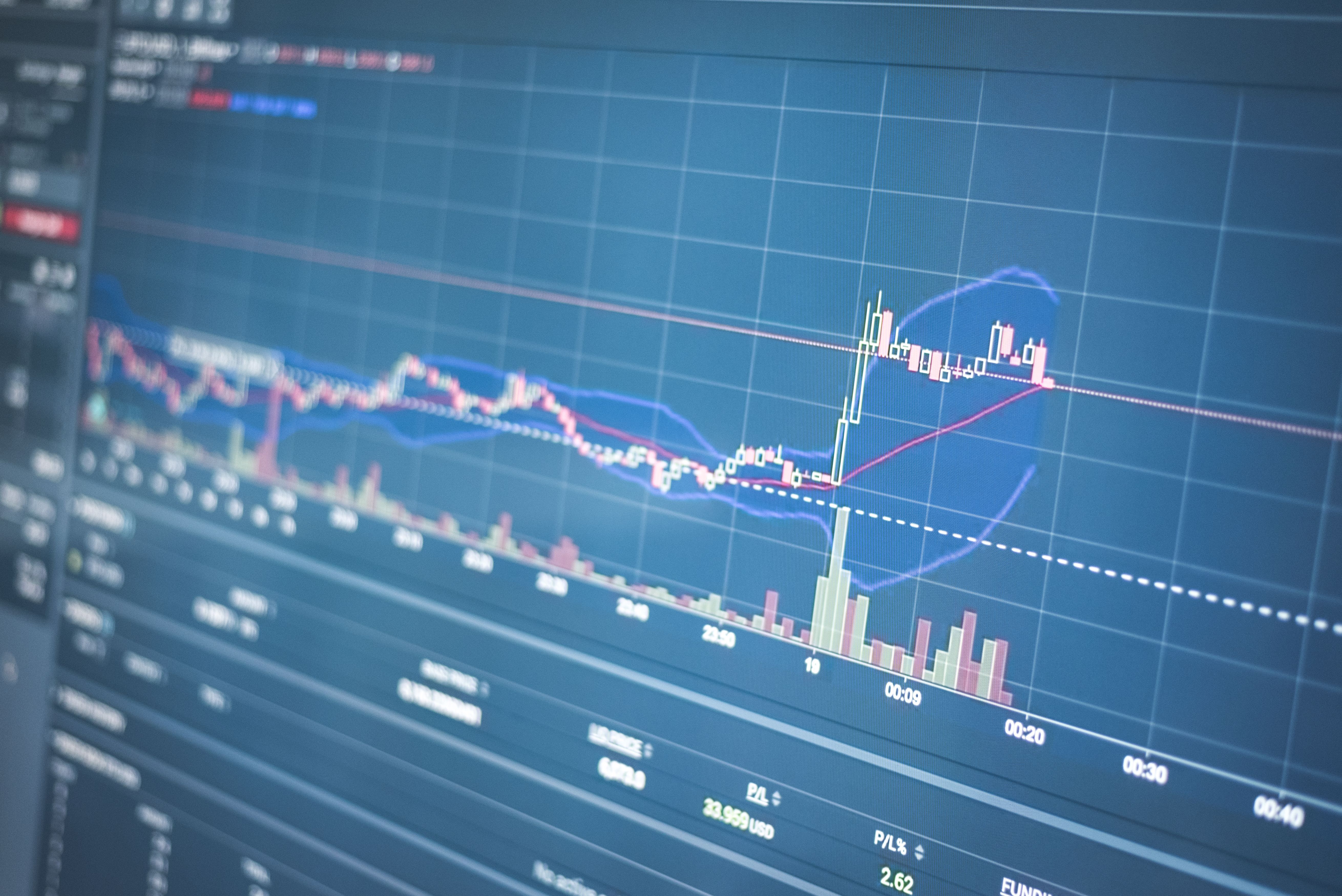 Close-up of a financial graph on a screen showing investment growth and market trends